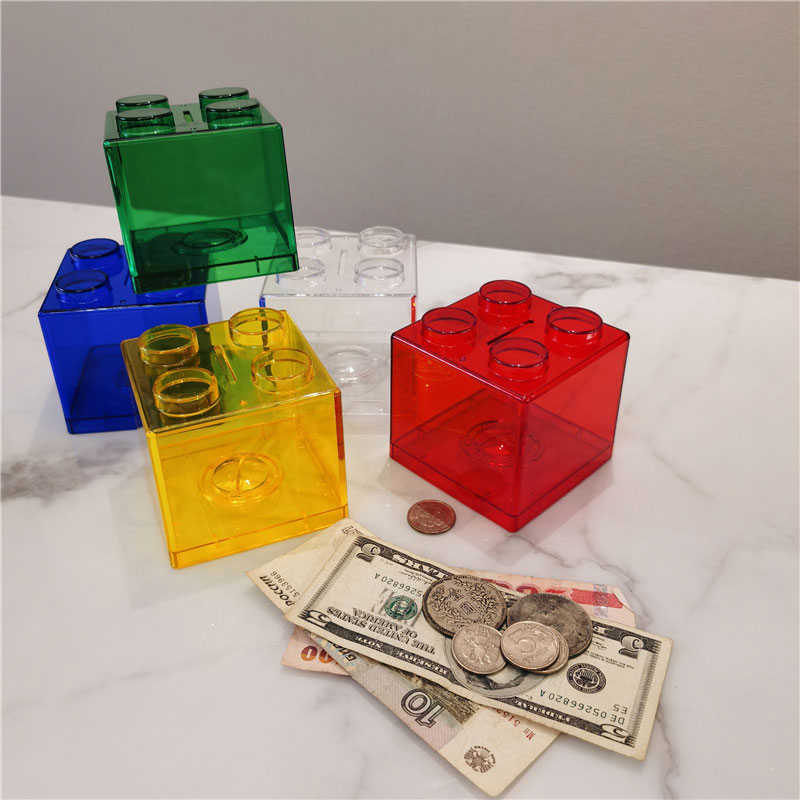 Dekorativa föremål Figurer 4stBuilding Block Money Box Saving Box Transparent Plastblock Piggy Bank Coin Storage Case Kid Toy Gift Change Boxes G230523