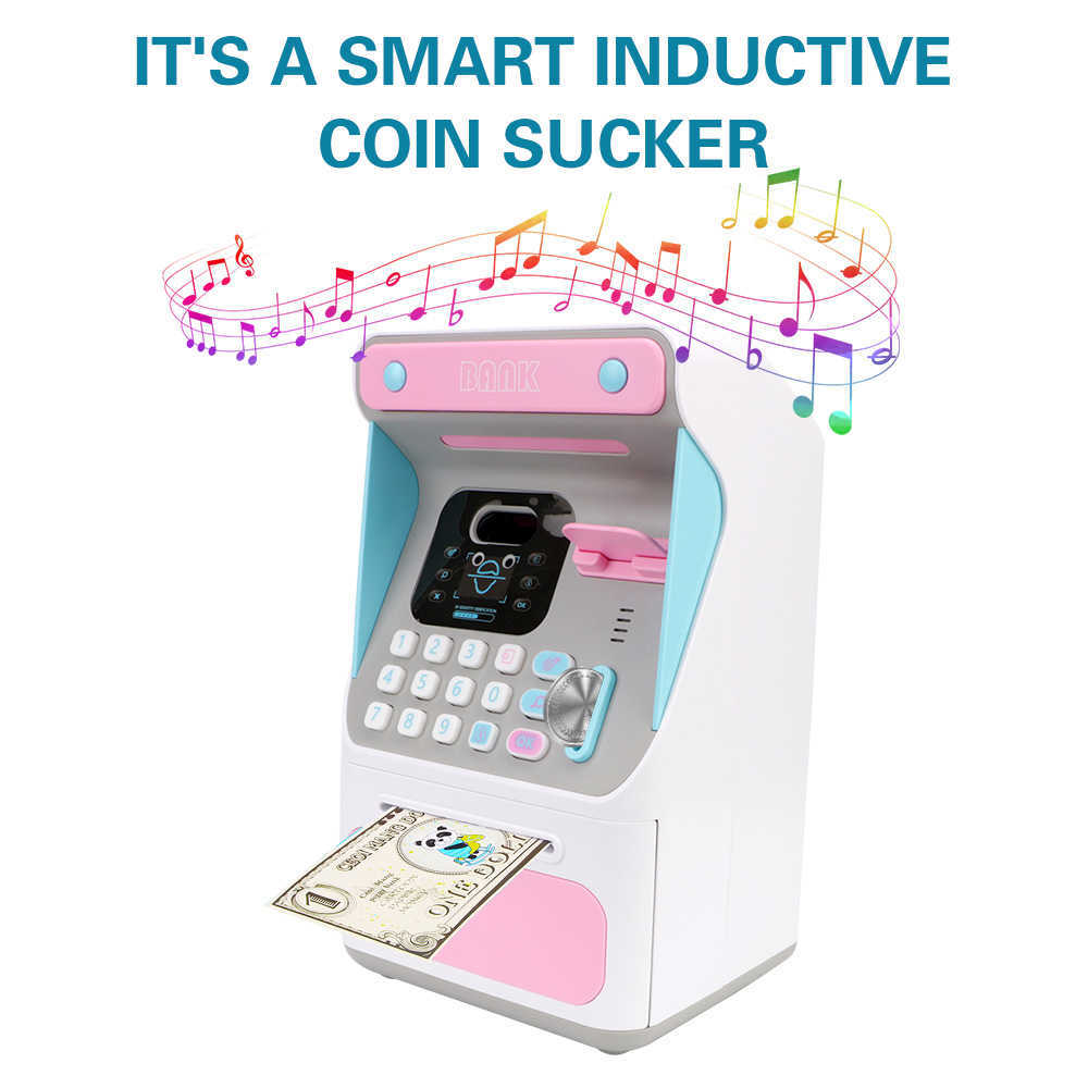 Dekorativa objekt Figurer Auto Scroll Paper Banknote ATM Machine Cash Box Simulerat Face Recognition Electronic Piggy Bank Gift for Kids Money Boxes G230523