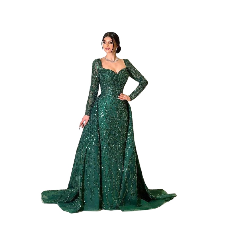 Chérie perlée cristal robes de soirée avec surjupe arabe aso ebi hiunter vert à manches longues bal Occasion robe formelle porter plus la taille