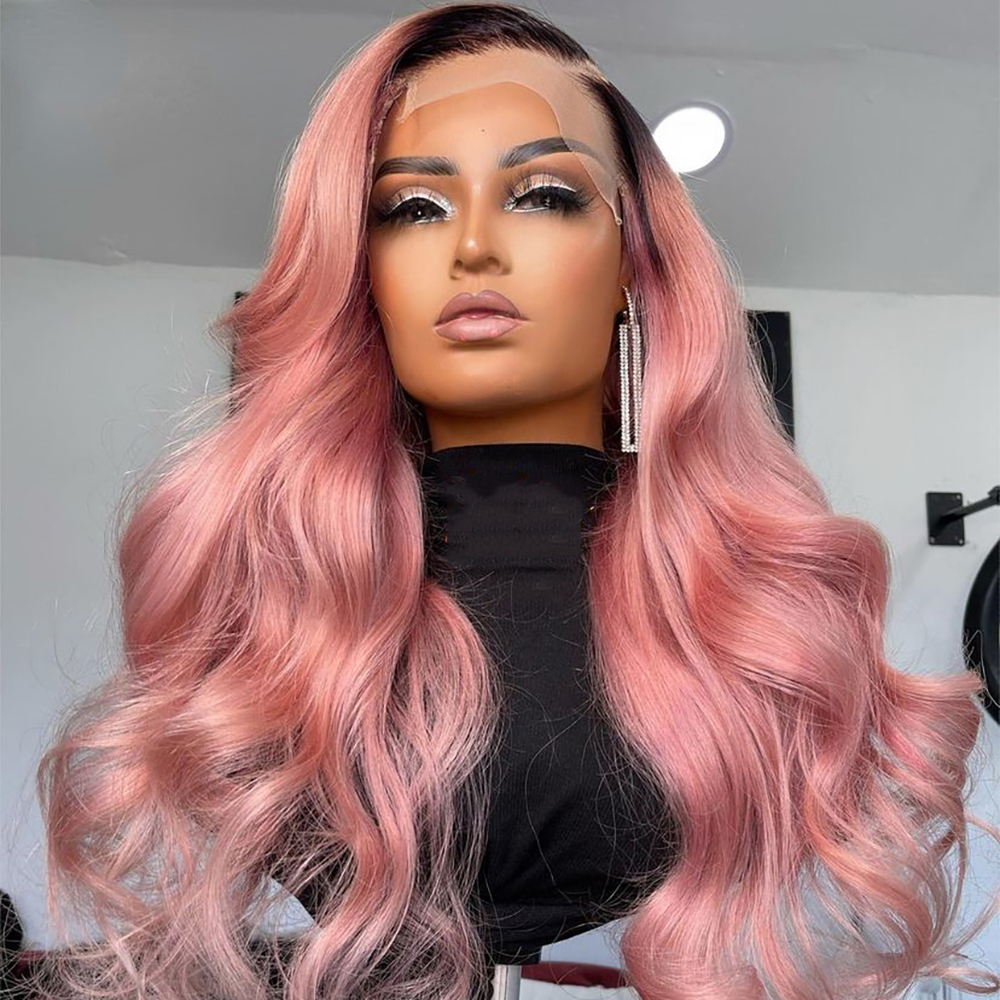 Brazilian Hair Pink Lace Front Wig For Women HD Transparent Lace Lace Frontal Wigs Long Wavy Ombre Synthetic Wig Preplucked Hairline