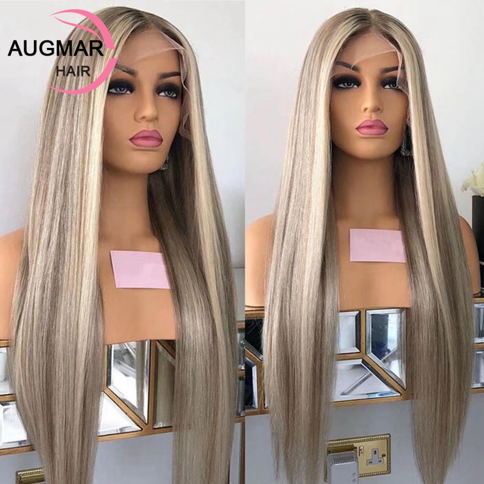 Lange aschblonde Highlight-Lace-Front-Perücke, Echthaar, braun, gemischt, blond, gerade, HD-transparente Lace-Frontal-Perücke für Frauen, synthetisch, hitzebeständig