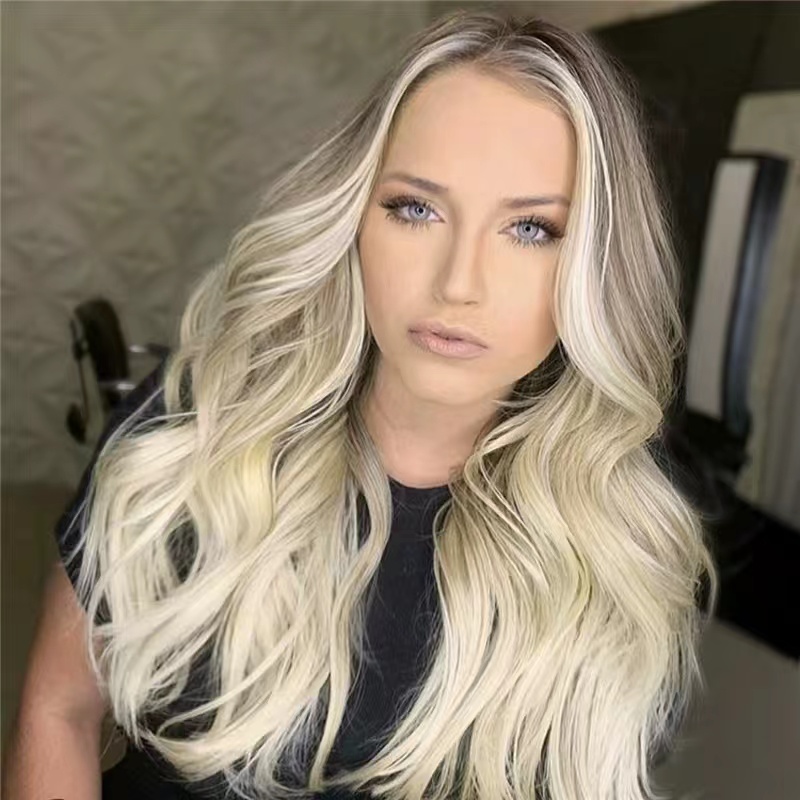 Dark Root Highlights Ash Blonde Ombre Grey Color Body Wave Human Hair Jewish Kosher Silk Top Full Lace Wigs Balayage Wig Free Frakt