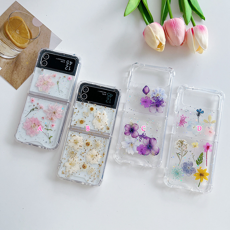 Flip4 torkad blommapressade fodral för Samsung Galaxy Z Flip 4 3 Zflip4 Zflip3 Fashion Summer Dry Real Floral Foil Confetti Clear