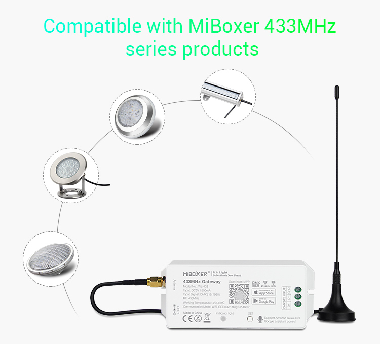 Miboxer WL-433 passerelle 433 MHz DC5V/5 WiFi RF DMX512 1990 Smartphone APP commande vocale pour les produits de la série MiBOXER 433 MHz