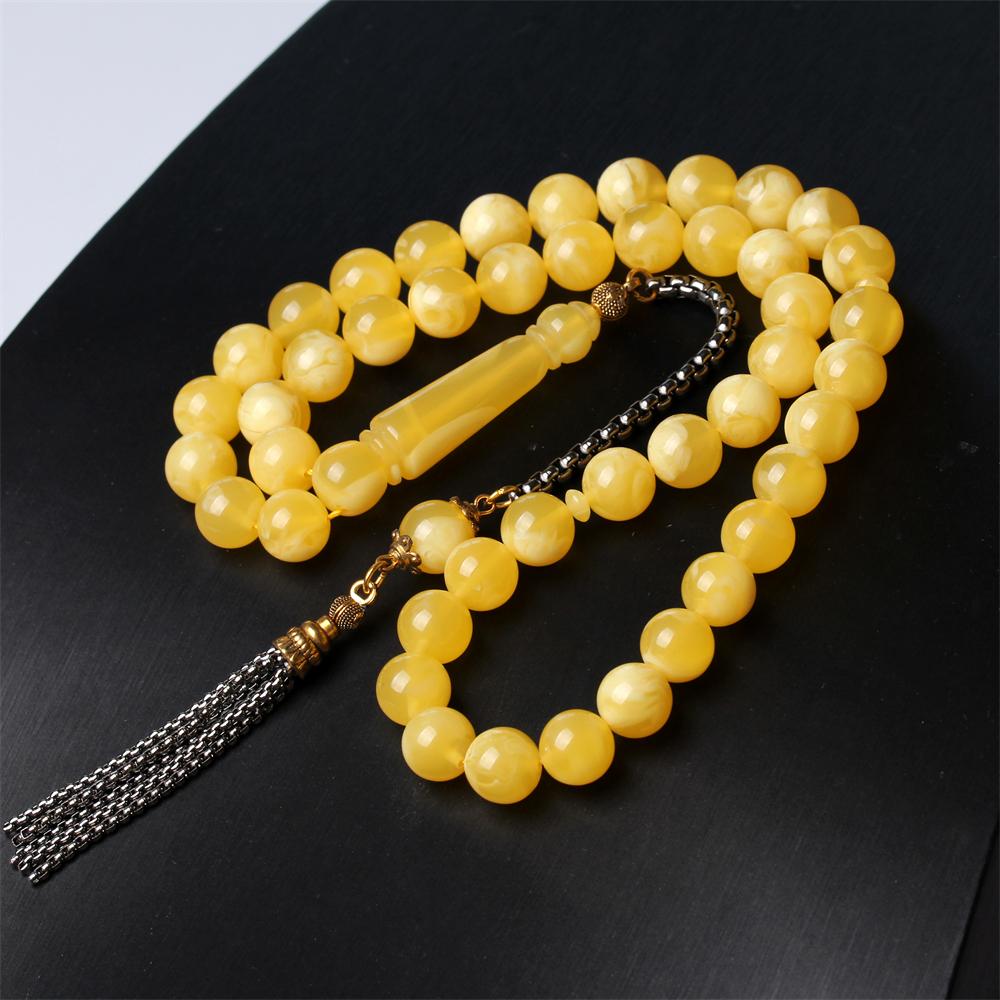 Kläder Amber Rosary Mans Tesbih Misbaha Muslimska bönpärlor Runda 10mm Islam Gift Black Metal Tassels Rosary Tasbeeh Sibha