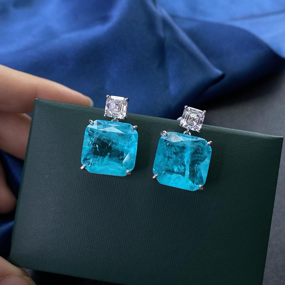 イヤリングknriquen Sparkling Paraiba Tourmaline Gemstone Drop Earrings 100％Sterling Silver High Carbon Diamond Fine Fine Jewelry for Women