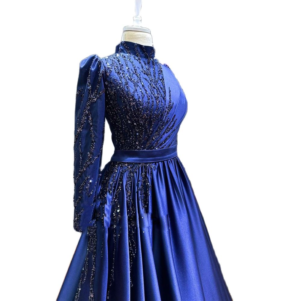 Stunning Royal Blue Muslim Evening Dresses Bead Morocco Womens Formal Gown With Long Sleeve Pleat Arabic Dubai Prom Dress