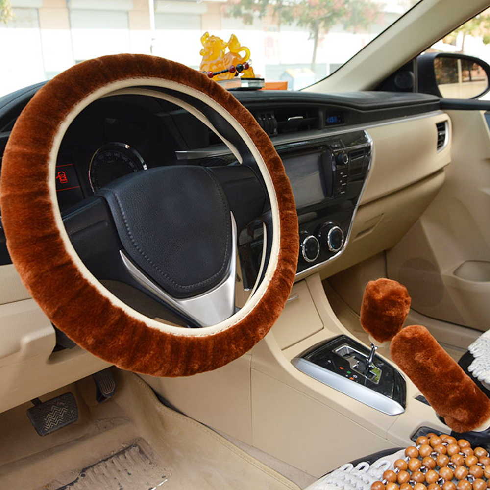 New Soft Steering-wheel Plush Car Steering Wheel Cover Winter Faux fur Stop Lever+Hand Brake Wool Covers Car Interior Accessories