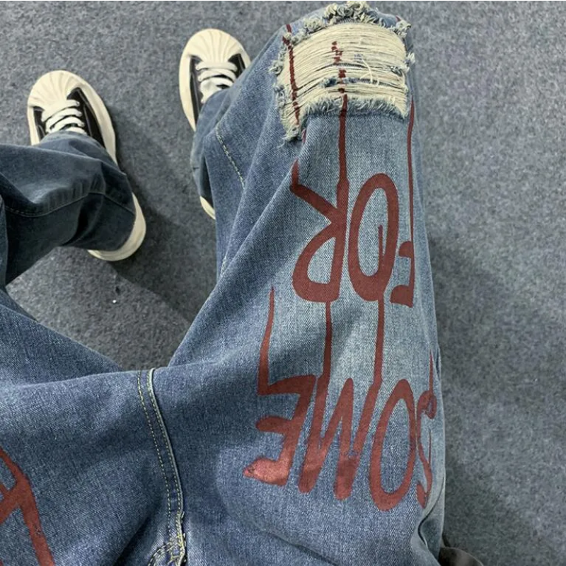 Jeans da uomo Y2k Abbigliamento High Street Hip Hop Lavato Distressed Lettera Stampata Moda uomo Gamba dritta Gamba larga Pantaloni larghi paio