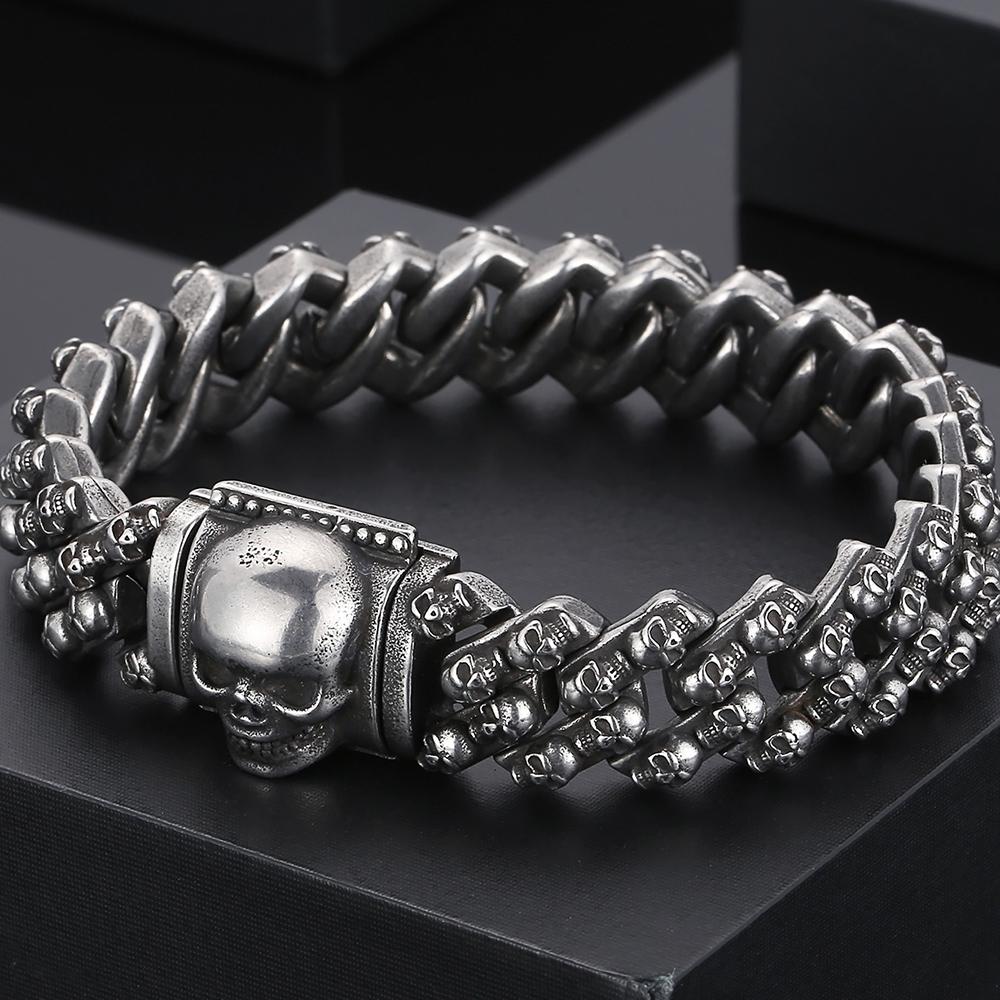 Bracelets Steampunk Skeleton Man Bracelet Men's Stainless Steel Skull Head Chain Wristband Viking Charm Bangles Halloween Jewelry for Men