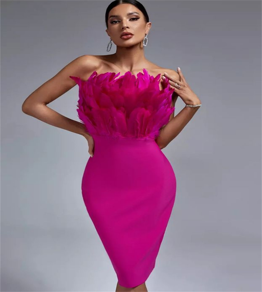 Hot Pink Ostrich Prom Dress 2023 Sexy Strapless Knee Length Feather Evening Gown Sheath Night Cocktail Formal Party Skirt Chic Homecoming Club Dinner Wear