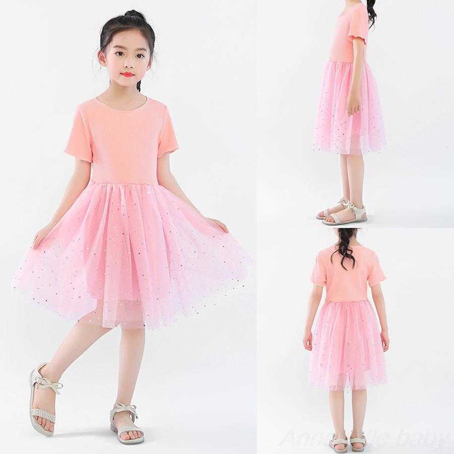 Girl's Dresses Sequin Star Girl Grey Summer Cotton Short Sleeve Party Prom Medium Length Multi layer Mesh Fluffy Princess Dress G220523