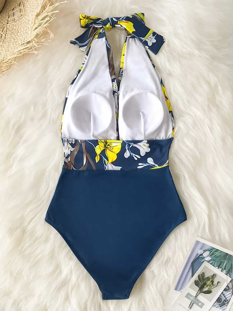 ملابس السباحة النسائية Peachtan Floral Print Deep V-teac Halter Monokini Women's Swimsuit Sexy Backss Swimwear Women One Piece Whight Cuting Suits H230515