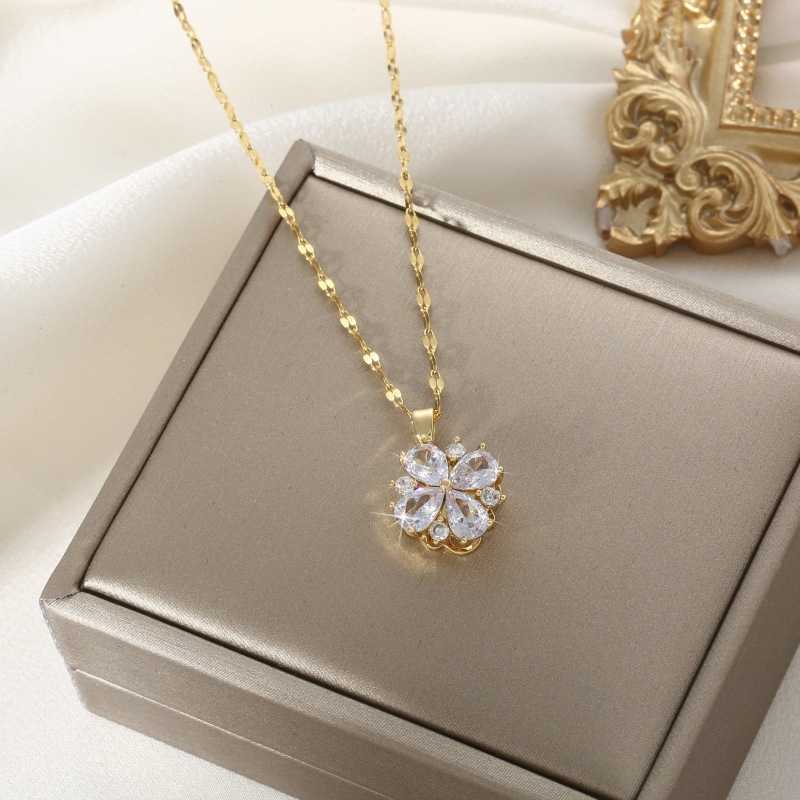 Halsband Creative Zirconia Flower Pendant Chain Rotating Engagement Halsband Kvinnor Copper Jewelry Party Gift G220524