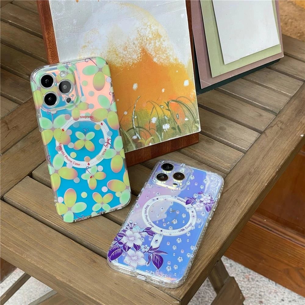 Moda TPU Laser Floral Butterfly Magnet bezprzewodowy obudowa ładowania dla iPhone'a 14 13 12 11 Pro Max Japoński mały świeży styl