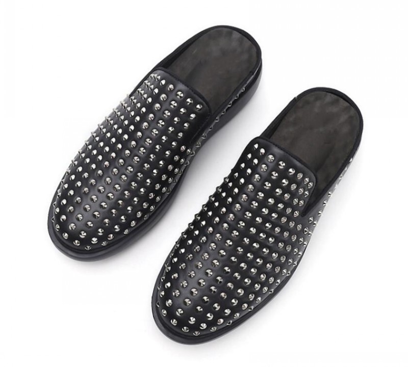 Schwarze Nieten Boote halbe Hausschuhe dicker Absatz Komfort Freizeitschuhe Herren handgemachte faule Schuhe große Größe 38-45