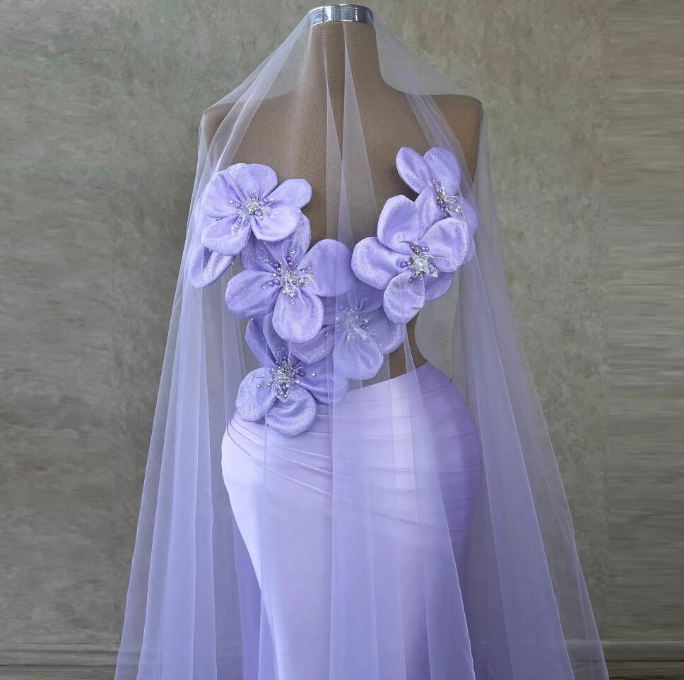 Lila lavendel avondjurken mouwloze 3D -bloemen kralen strapless vestidos de noche formeel feest sexy prom jurk