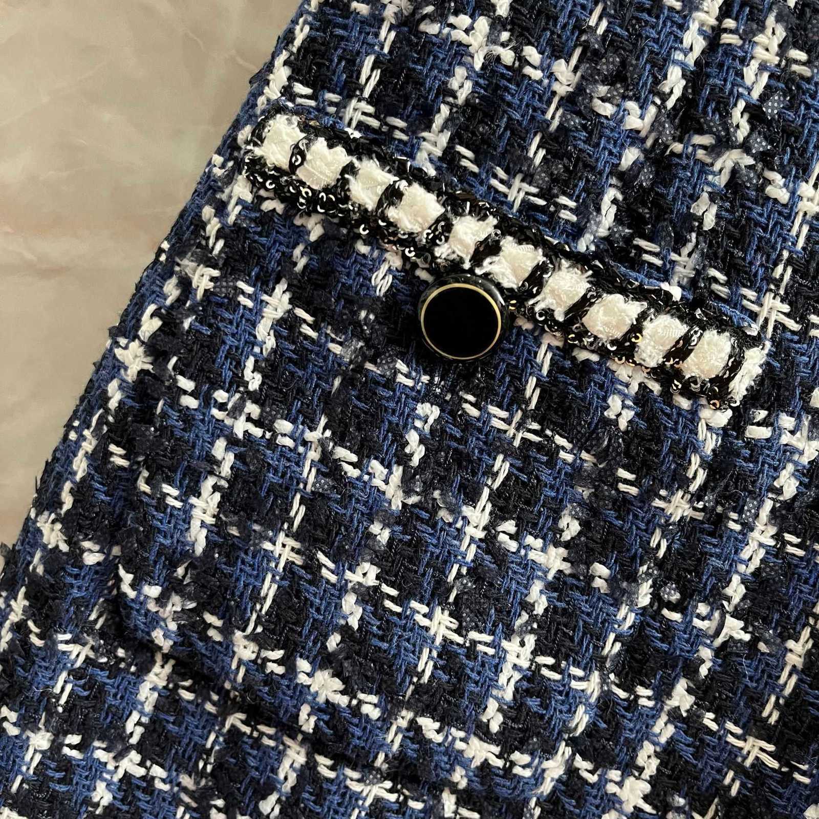 Runway Dresses Designer French paljettvävd pärlor med tweed ärmlös klänning Chic Blue White Plaid åldrande väst kjol 9o2p