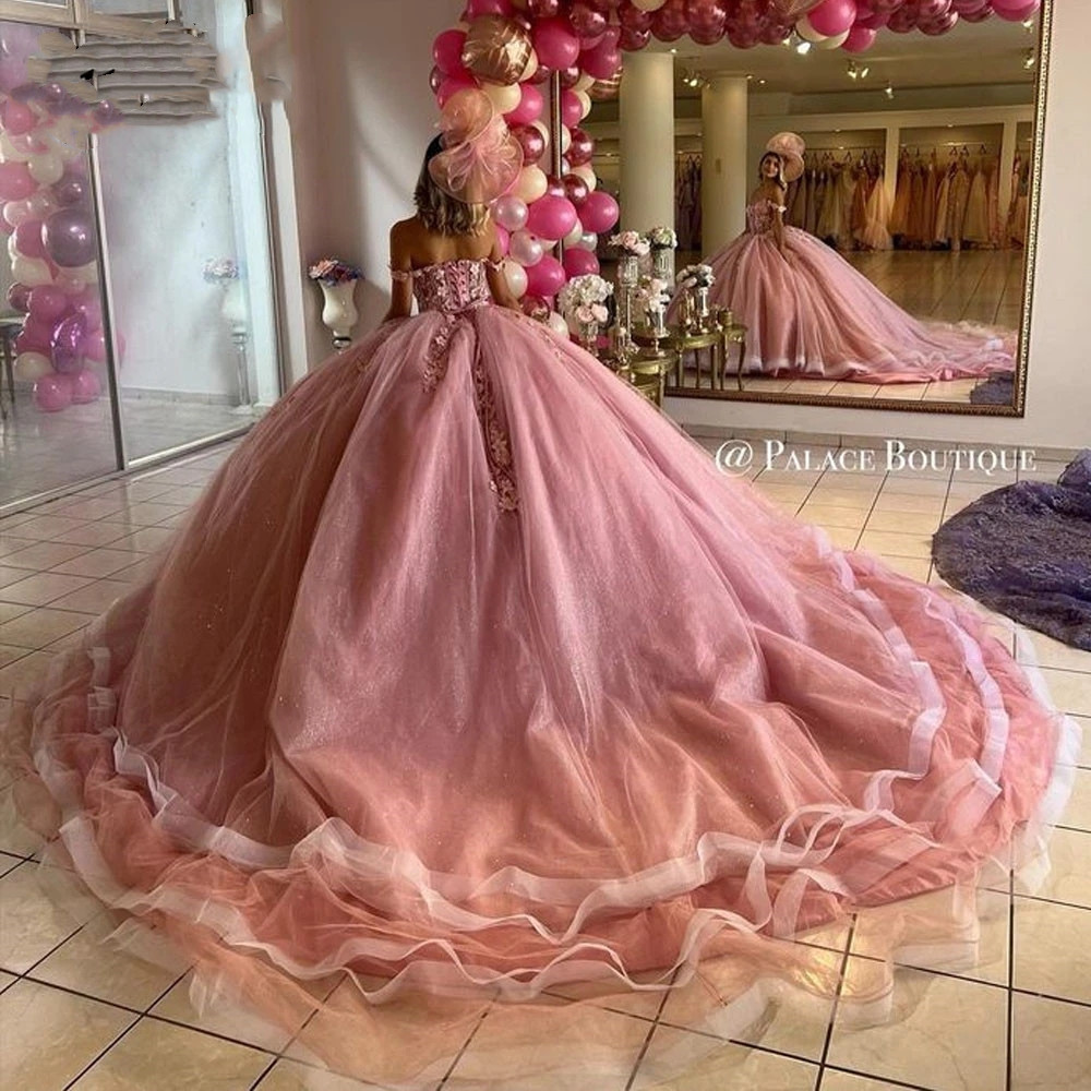 Princess Pink Lace Quinceanera Dresses Off Shoulder Plus Size Plus Size Vestidos Para Prom Party Gowns For Sweet 16 Girls