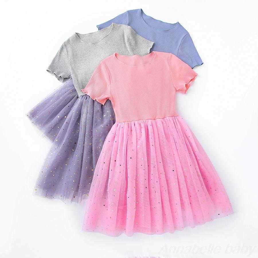 Girl's Dresses Sequin Star Girl Grey Summer Cotton Short Sleeve Party Prom Medium Length Multi layer Mesh Fluffy Princess Dress G220523