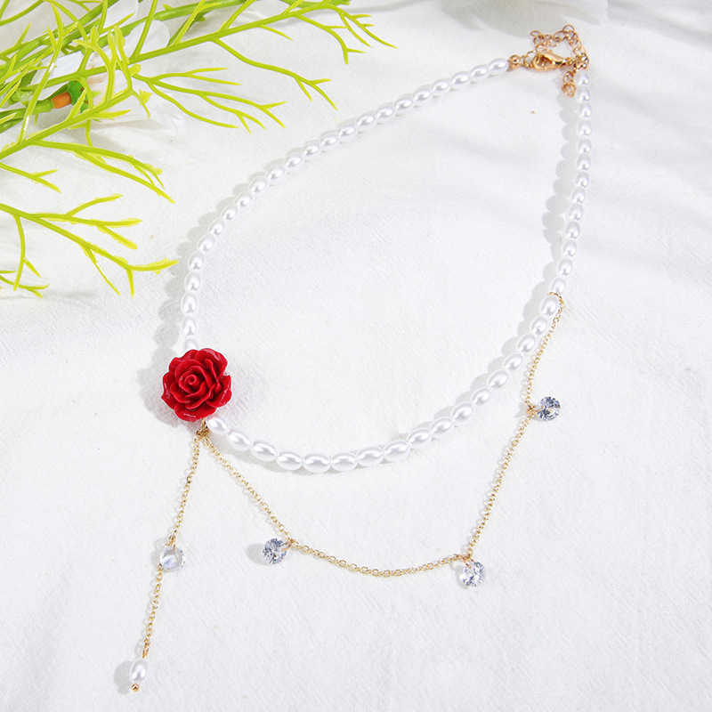 Necklaces Fashion Retro Hong Kong Style Rose Zircon Pearl Necklace Exit Design Clavicle Template Versatile Pendant Gift G220524