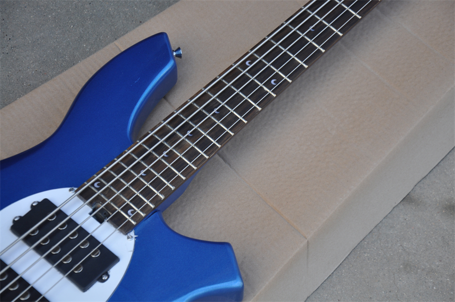 Guitare basse électrique bleu métallisé à 5 cordes d'usine avec circuit actif, incrustation de lune, peut être personnalisée