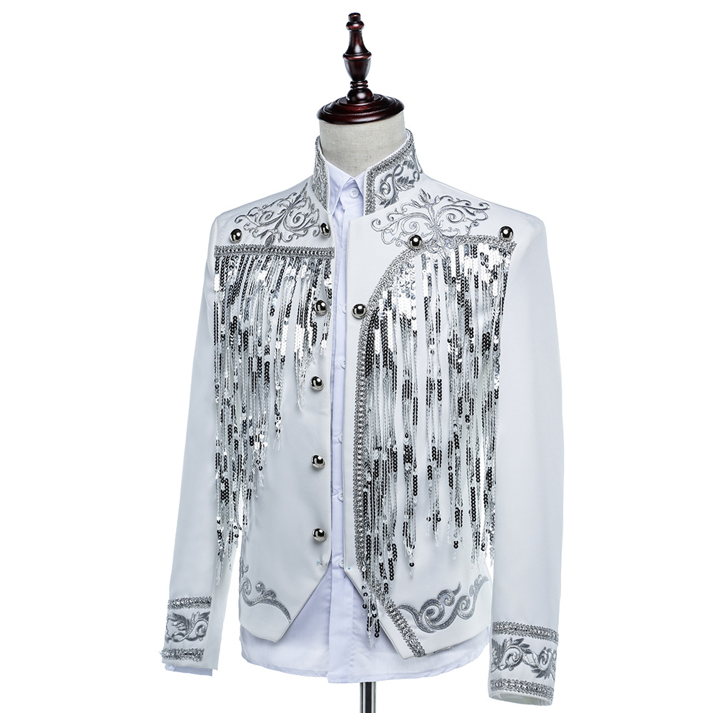 Manlig paljetter Tasseljacka Stand Collar Slim Fit Fringe Coat Stage Costume Bar Singer Sequined Black White Performance Jackets Dancer Team Nightclub Costume