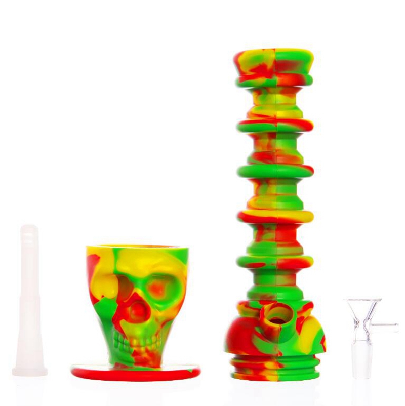 Rauchen bunte Silikon-Schädel-Form Bong Bubbler Rohre Kit abnehmbare tragbare Teleskop-Kraut-Tabak-Filterschüssel Handpfeifen Shisha Wasserpfeife Zigarettenspitze