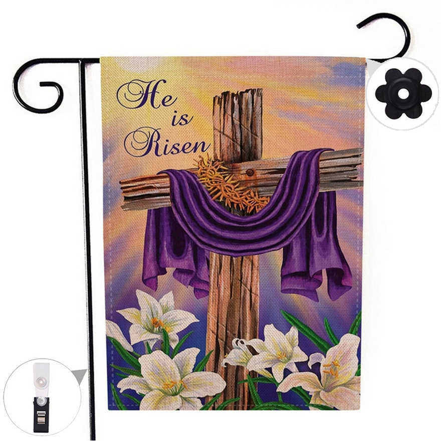 Banner Flags Two-sided He is Risen Cross Easter Garden Flag Banner with Windproof Rubber Stopper Clip 12.5''x18.5'' 32x47cm G230524