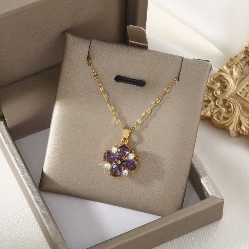 Collane Creative Rotating Purple Zirconia Flower Pendant Chain Collana di fidanzamento Gioielli in rame da donna Regalo feste G220524