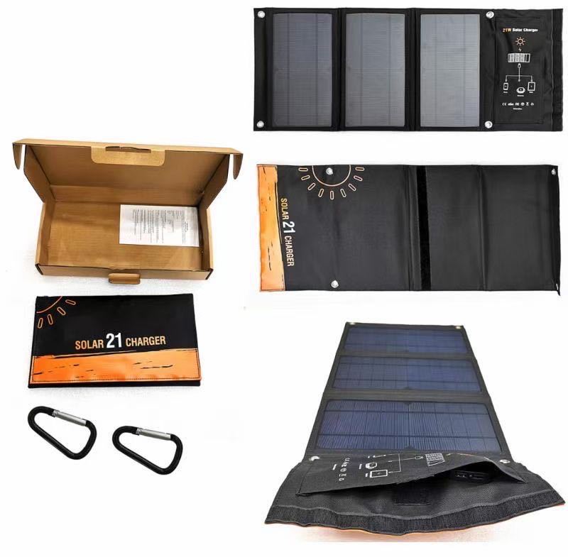 Bolsa dobrável solar 21W, placa de carregamento portátil, à prova d'água, acampamento ao ar livre, banco de carregamento para celular portas de saída USB duplas de 5V