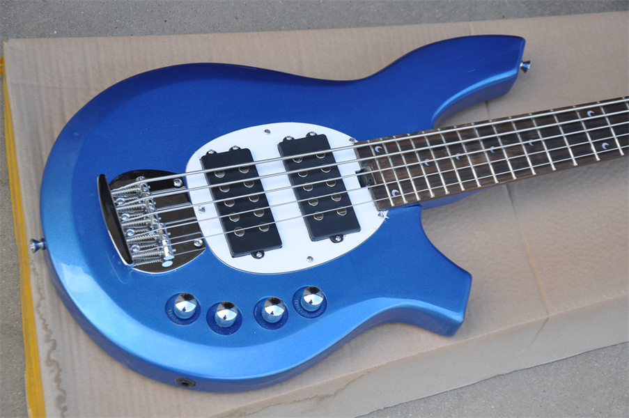 Guitare basse électrique bleu métallisé à 5 cordes d'usine avec circuit actif, incrustation de lune, peut être personnalisée