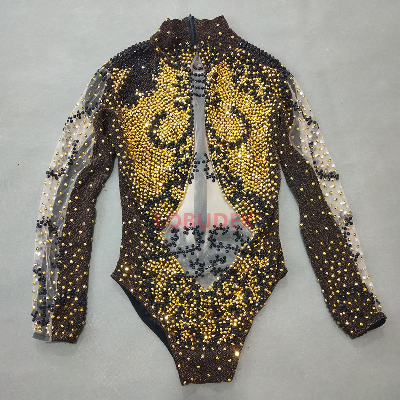 Guld Rhinestones Dance Leotard Sexig Women Singer Dancer Stage Wear Mesh Perspective Crystals Bodysuit Nightclub Bar DJ DS Performance Costume