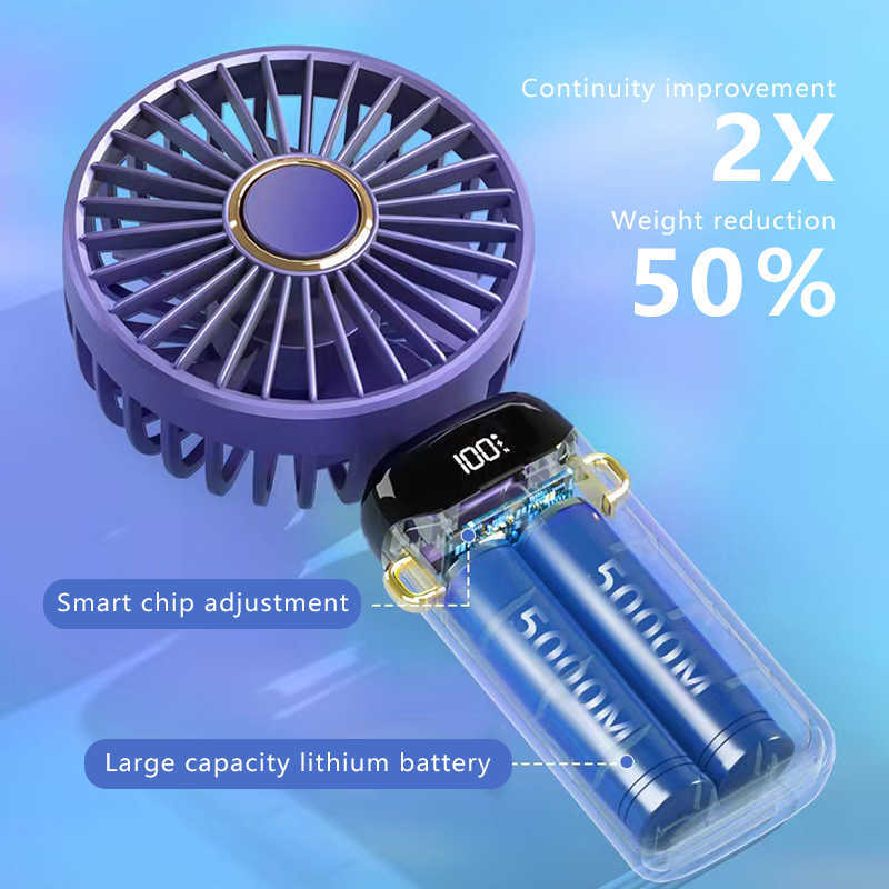 Ny 3000mAh Portable Hand-Held Fan Desktop Multifunktionell vikbar dubbelhuvud Electric Fan Digital Display med en nacke lany