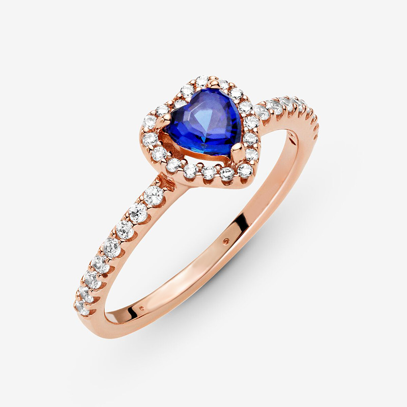 Blue Crystal Diamond Heart Rings for Pandora 18K Rose Gold Wedding Ring Set Designer Jewelry for Women Girl Gift 925 Silver Love Ring With Original Box