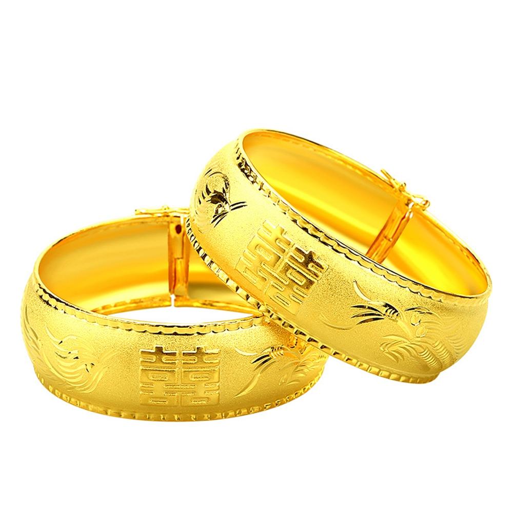 Bangles Bride Wedding Dragon Phoenix Bangle Thick Yellow Gold Filled Engagement Happiness Bracelet 