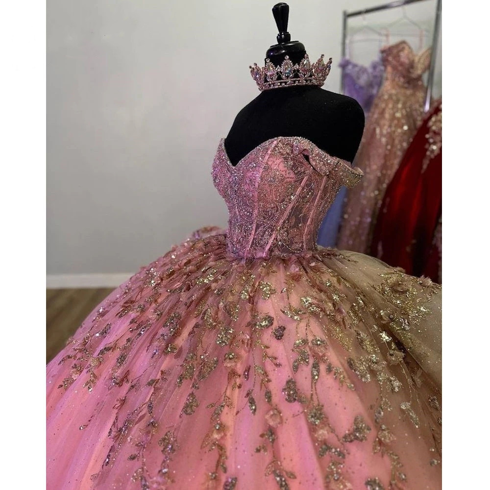 Glitter Off Shoudler Pink Quinceanera Dress 2023 Lace Appliques Beads Crystal Birthday Party Vestidos De 15 Anos Corset Prom Gowns