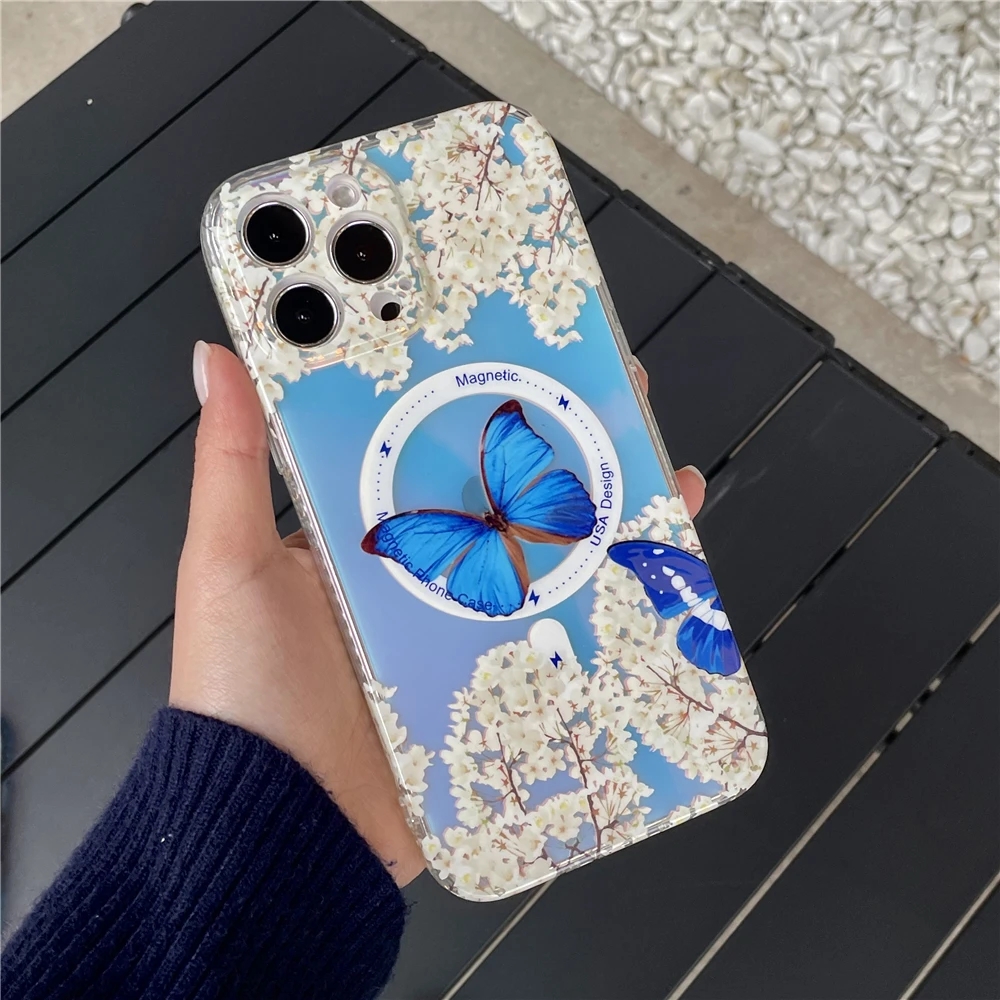 Moda TPU Laser Floral Butterfly Magnet bezprzewodowy obudowa ładowania dla iPhone'a 14 13 12 11 Pro Max Japoński mały świeży styl