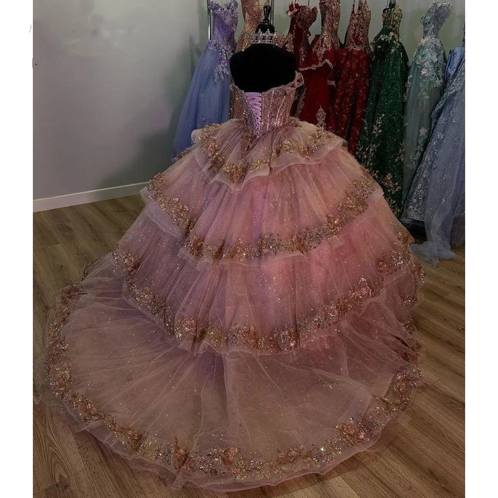 Glitter Off Shoudler Pink Quinceanera Dress 2023 Lace Appliques Beads Crystal Birthday Party Vestidos De 15 Anos Corset Prom Gowns