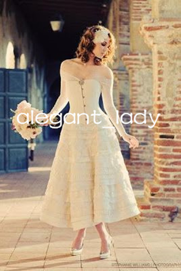 Vintage z lat 80. XX wieku suknie ślubne z iluzją na ramię długie rękaw koronkowy gorset Top Puffy spódnica ślubna suknie ślubne