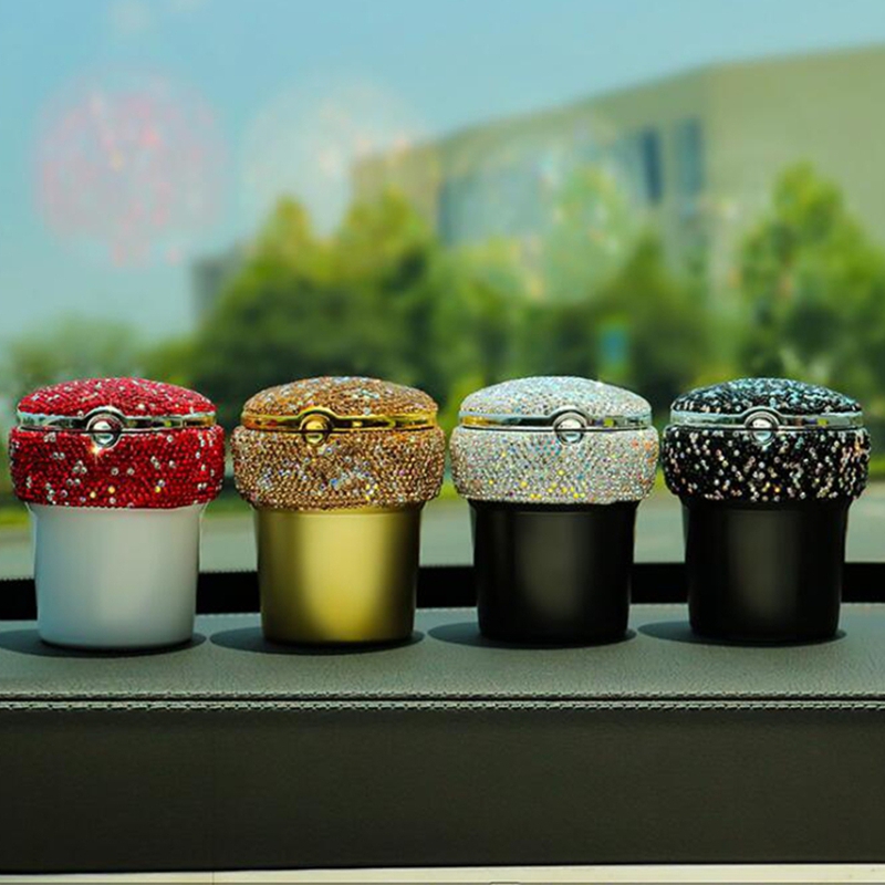 Colorful Diamond CAR Ashtray Cups Style Inlay Rhinestones Dry Herb Tobacco Cigarette Smoking Ash Container Ashtrays LED Lighting Cars Decoration Car Holder DHL