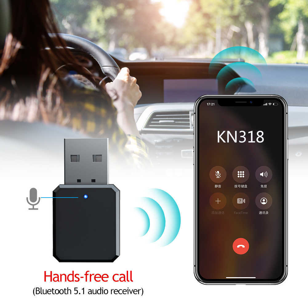 Receptor de áudio de novo KN318 Bluetooth 5.1 Receptor de áudio Dual Aux Aux USB Carro de estéreo de chamadas de chamada sem fio Adaptador de vídeo Adaptador de áudio Receptor de vídeo