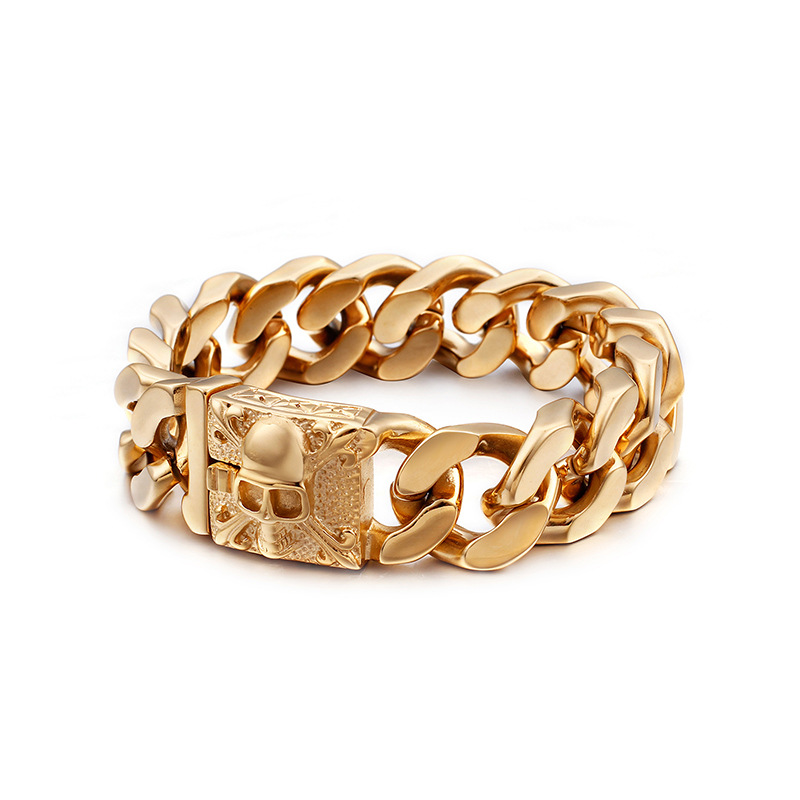 Bracelets en or lourd cubain de 20 mm chaîne de bijoux pour hommes 18 carats remplis d'or massif Bracelet de chaîne cubaine Hip Hop Bracelet tête de mort pour hommes 23 cm