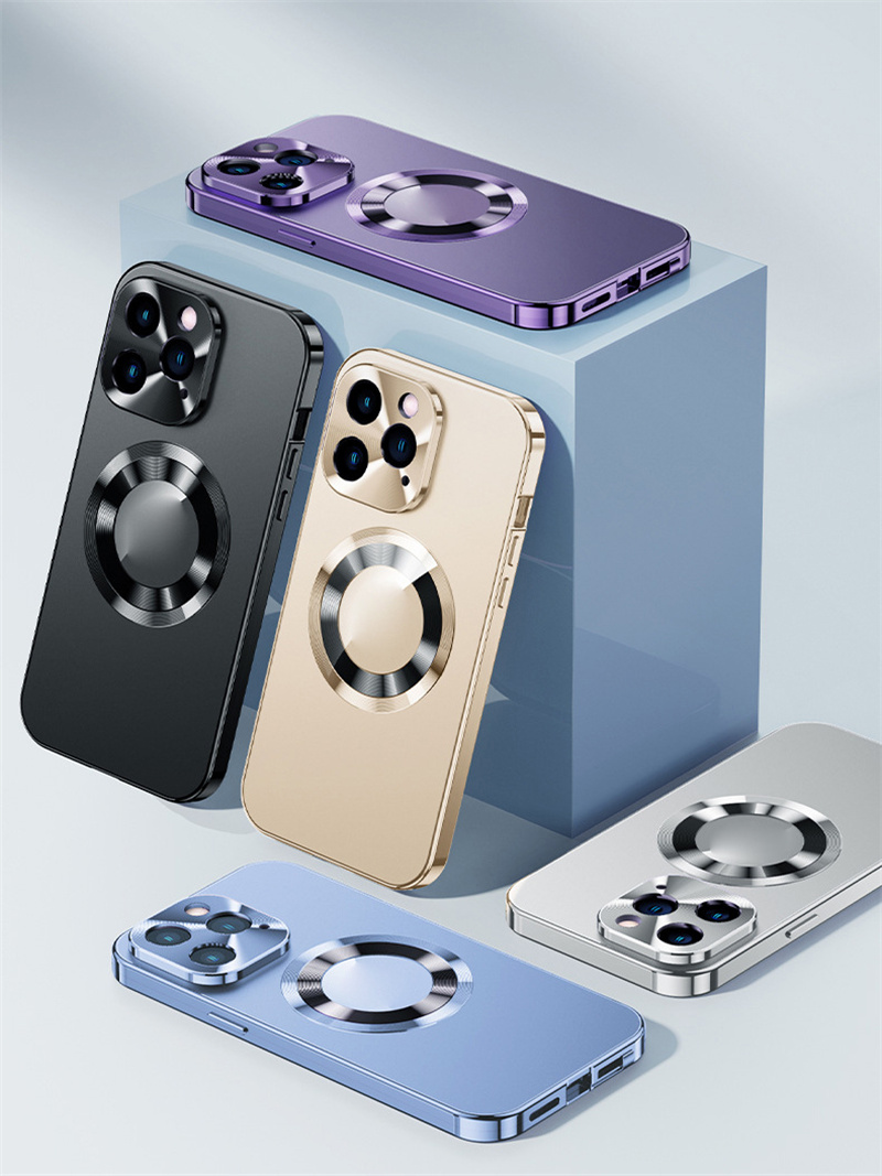 磁気マグサフ用ワイヤレス充電電話ケースHDガラス付き360角度iPhone 15 15 13 12 14 Pro Maxアルミニウム合金フレーム保護カバー