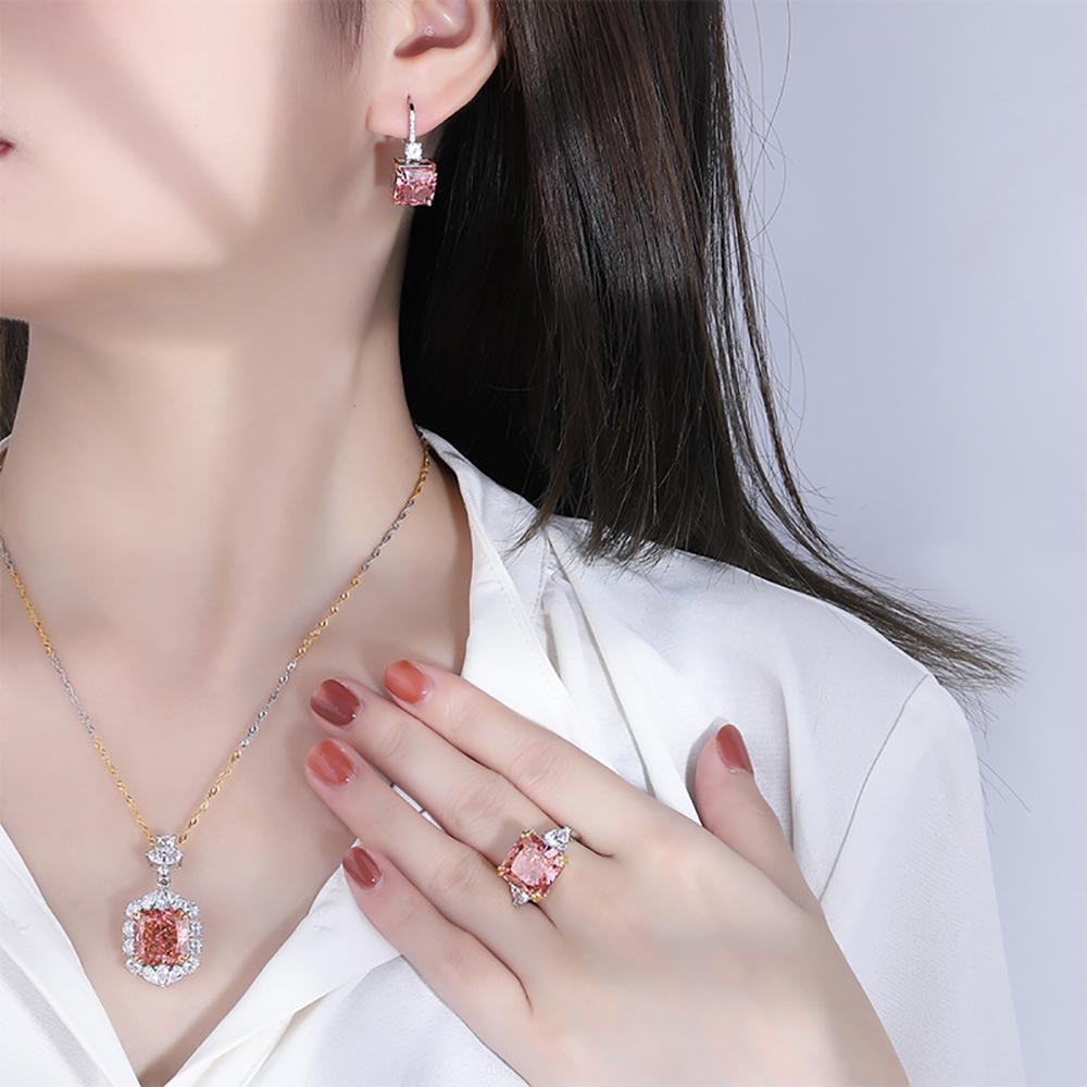 Set di lusso 100% argento 925 Padparadscha ad alto tenore di carbonio ciondolo collana di diamanti orecchini anelli set di gioielli da sposa regalo le donne