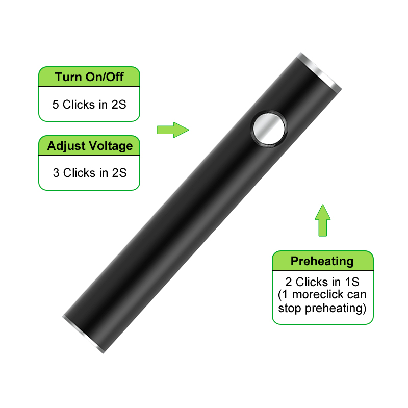 Batería máxima original de China Baterías de cartucho de 14 mm de diámetro 650 mAh Precalentamiento de voltaje variable VV Vape Pen para 510 carros con paso USB Precio directo de fábrica