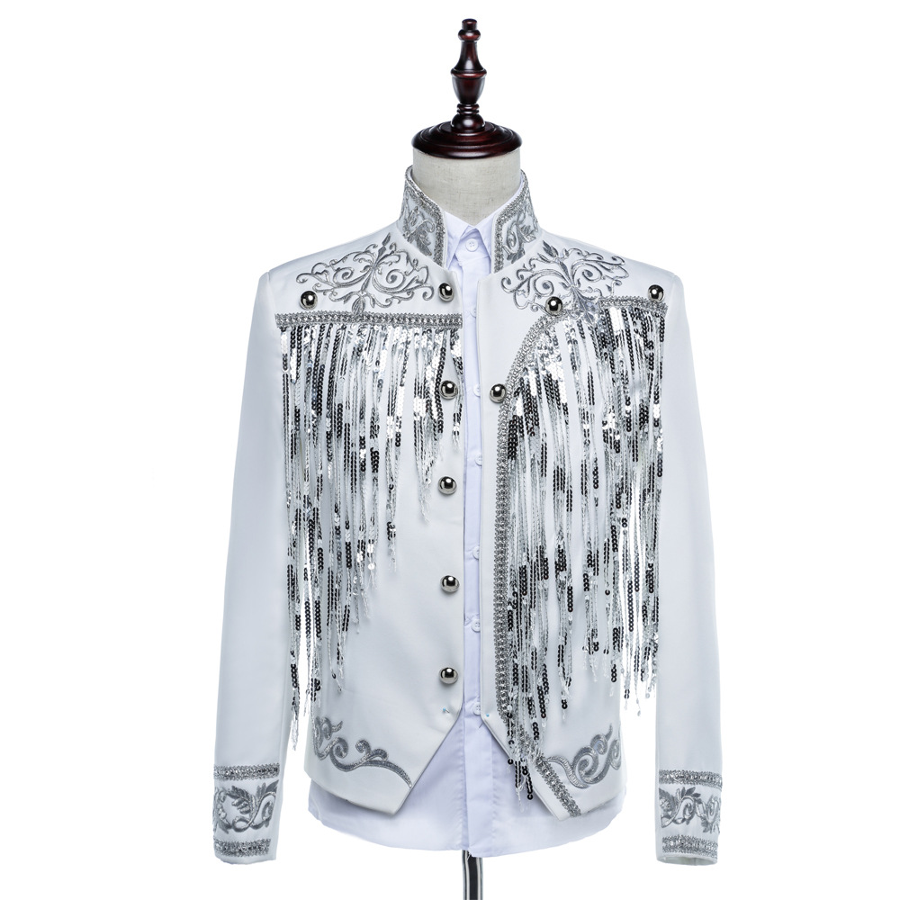 Male Sequins Tassel Jacket Stand Collar Slim Fit Fringe Coat Stage Costume Bar Singer Sequined Black White Performance Jackets Dancer Team Nightclub Costume