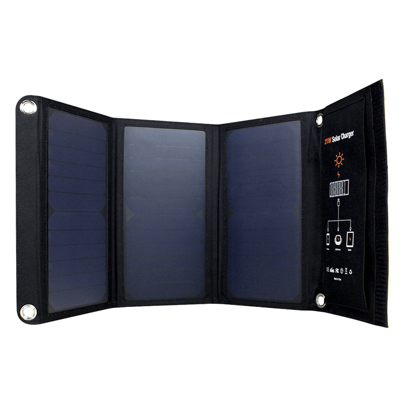 Bolsa dobrável solar 21W, placa de carregamento portátil, à prova d'água, acampamento ao ar livre, banco de carregamento para celular portas de saída USB duplas de 5V