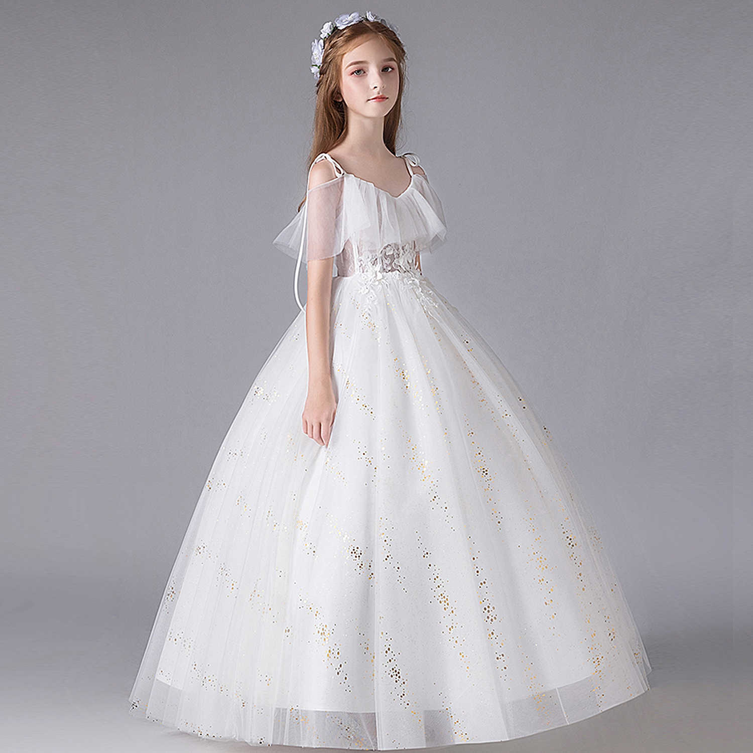 Girl's jurken bloem formeel avond feest elegante jeugd tule layer prinses big girl deluxe verjaardag jurk g220523