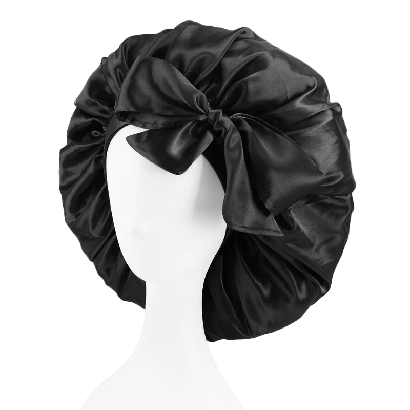 Nouveau grand Bonnet en Satin bonnets de nuit soyeux pour femmes Bonnets avec bandeau à nouer avec sangles réglables cheveux tressés bouclés